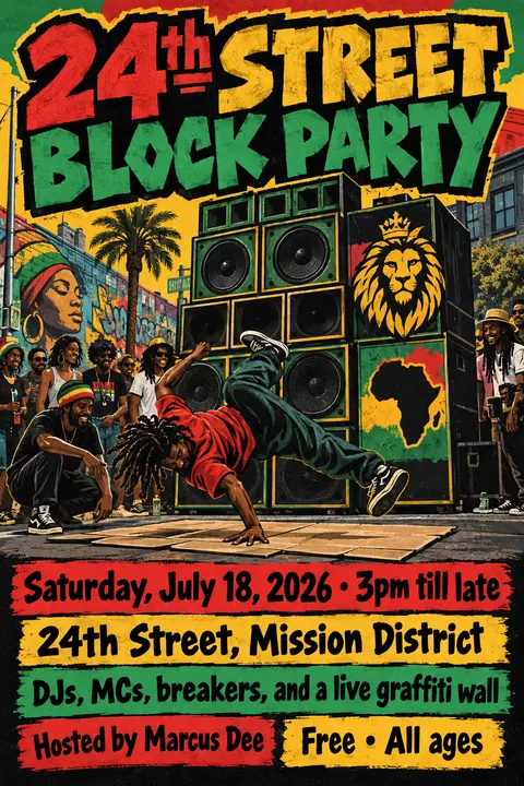 Reggae / Sound System Flyer style poster for a fictional event called 24th Street Block Party