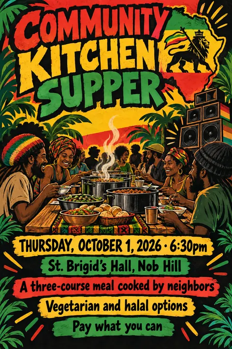 Reggae / Sound System Flyer style poster for a fictional event called Community Kitchen Supper