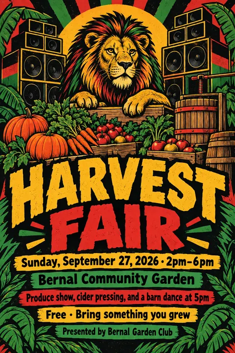 Reggae / Sound System Flyer style poster for a fictional event called Harvest Fair
