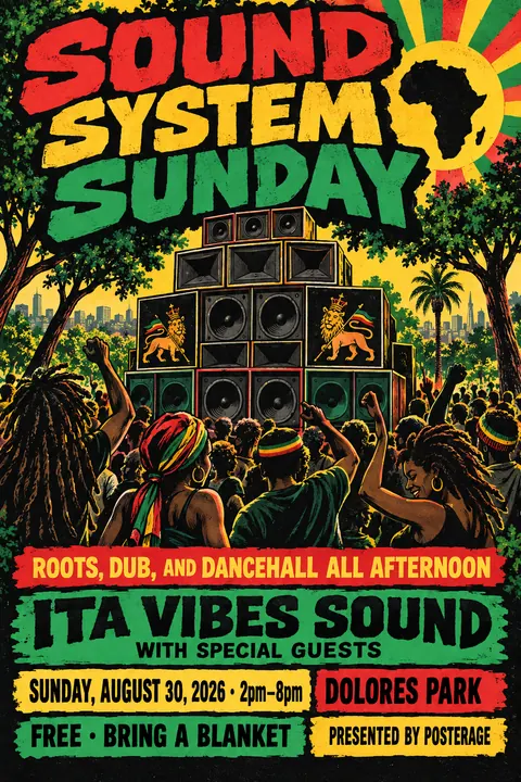 Reggae / Sound System Flyer style poster for a fictional event called Sound System Sunday