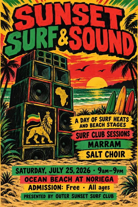Reggae / Sound System Flyer style event poster for a fictional festival: Sunset Surf & Sound