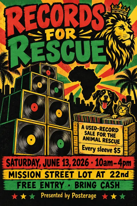 Reggae / Sound System Flyer style event poster for a fictional fundraiser: Records for Rescue