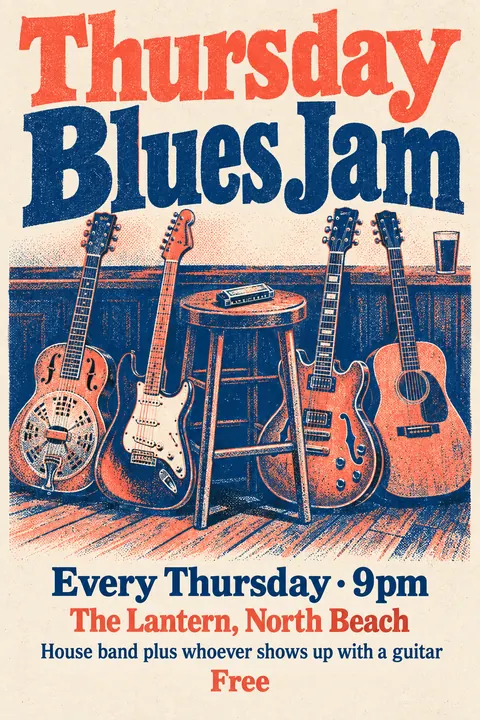 Risograph style poster for a fictional event called Thursday Blues Jam