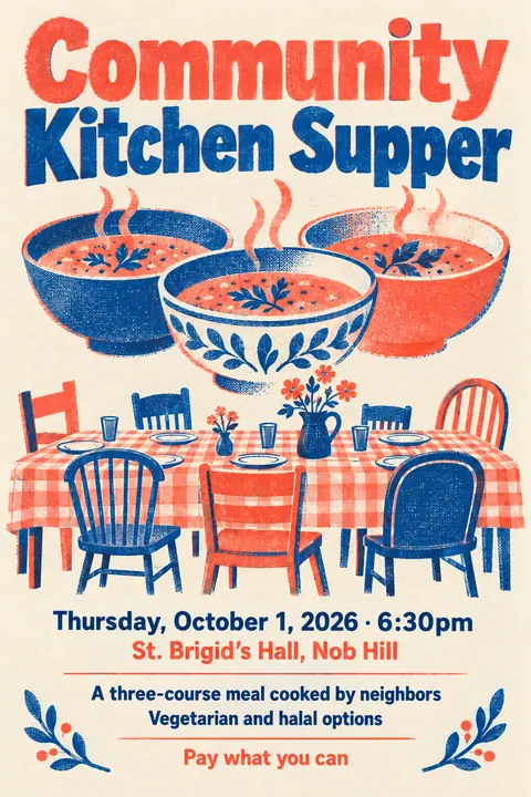 Risograph style poster for a fictional event called Community Kitchen Supper
