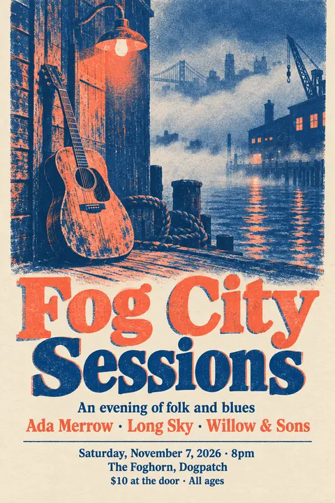 Risograph style poster for a fictional event called Fog City Sessions