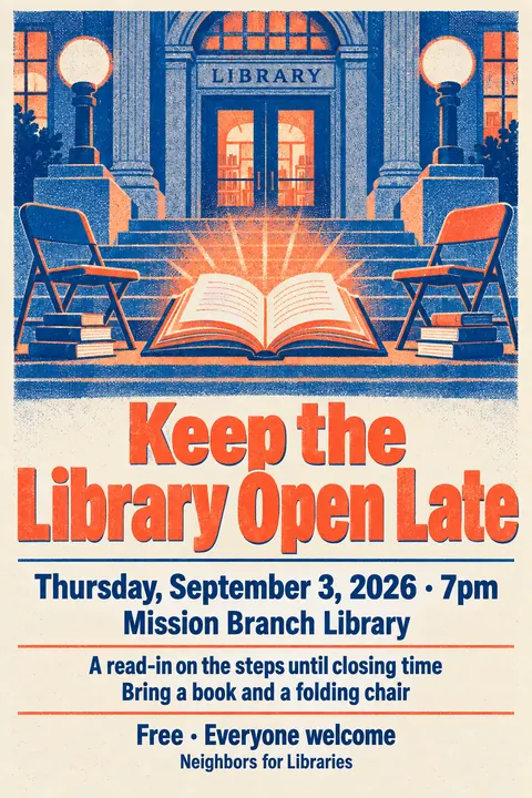 Risograph style event poster for a fictional protest: Keep the Library Open Late