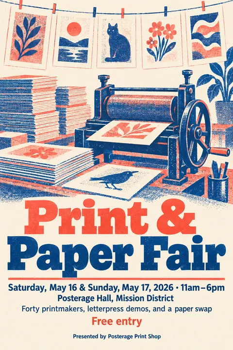 Risograph style poster for a fictional event called Print & Paper Fair