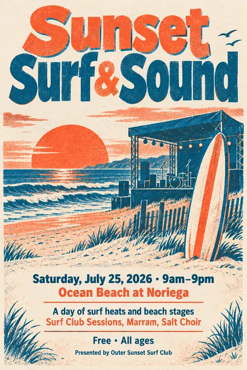 Risograph style event poster for a fictional festival: Sunset Surf & Sound