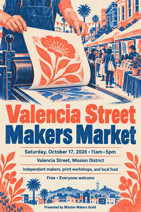 Risograph style poster for a fictional event called Valencia Street Makers Market