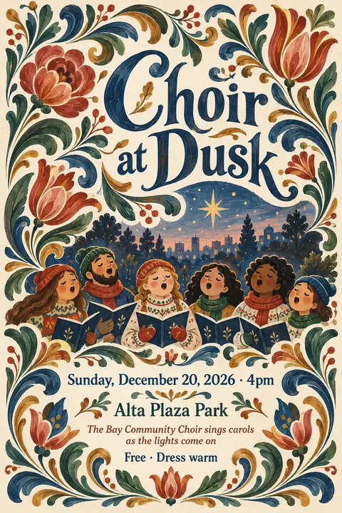 Scandinavian Folk / Rosemaling style poster for a fictional event called Choir at Dusk