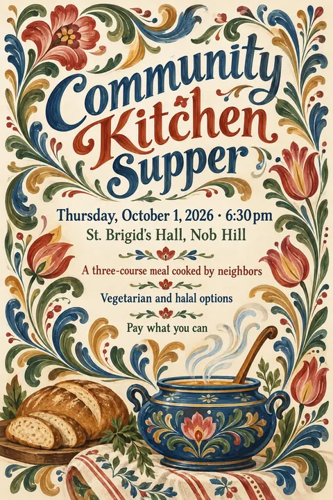 Scandinavian Folk / Rosemaling style poster for a fictional event called Community Kitchen Supper