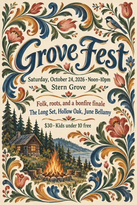 Scandinavian Folk / Rosemaling style event poster for a fictional festival: Grove Fest