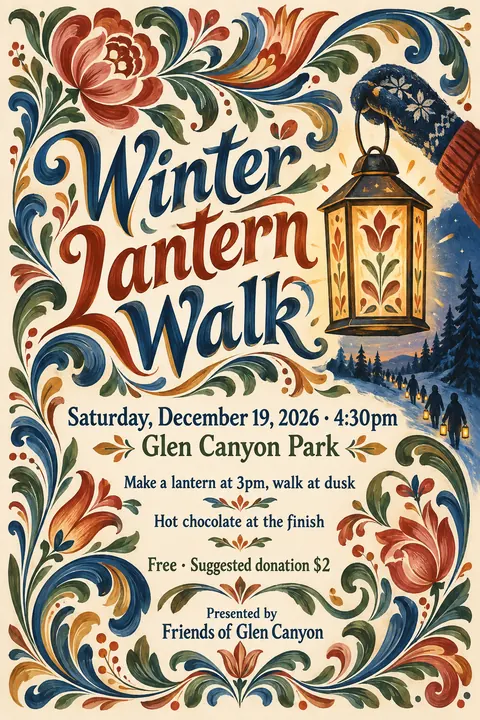 Scandinavian Folk / Rosemaling style poster for a fictional event called Winter Lantern Walk