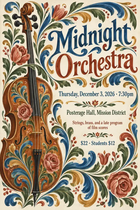 Scandinavian Folk / Rosemaling style poster for a fictional event called Midnight Orchestra