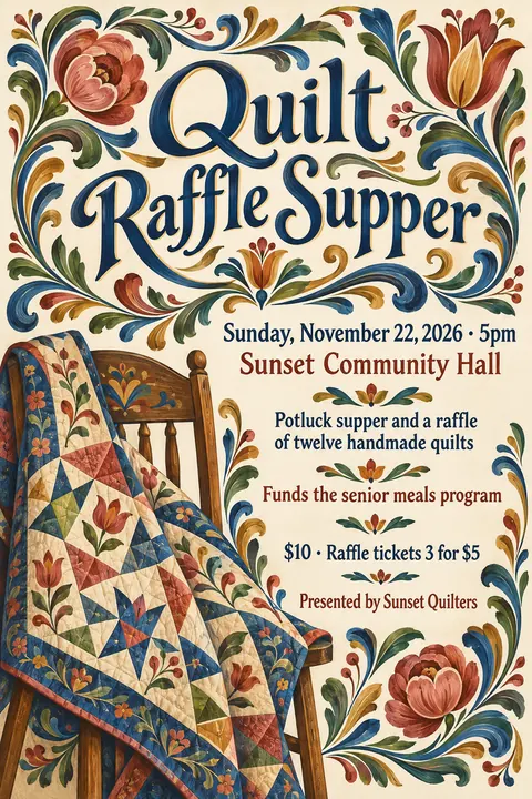 Scandinavian Folk / Rosemaling style event poster for a fictional fundraiser: Quilt Raffle Supper