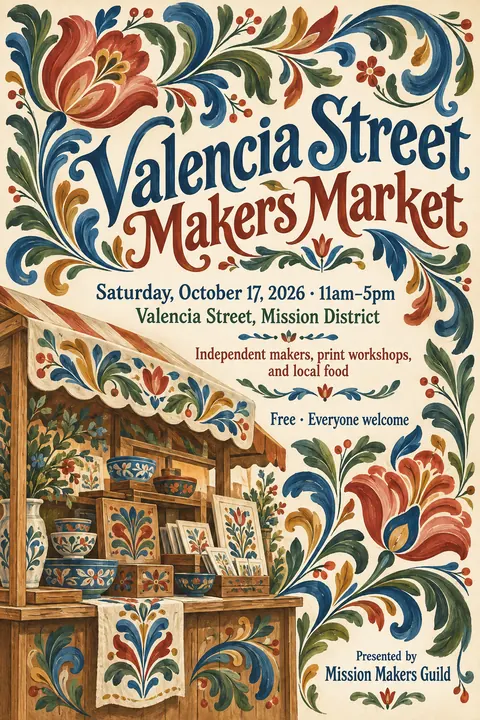 Scandinavian Folk / Rosemaling style poster for a fictional event called Valencia Street Makers Market