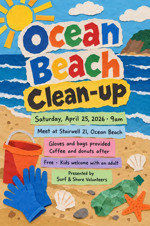 School Cutout Collage style poster for a fictional event called Ocean Beach Clean-up