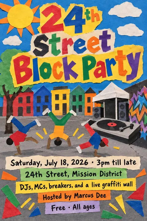 School Cutout Collage style poster for a fictional event called 24th Street Block Party