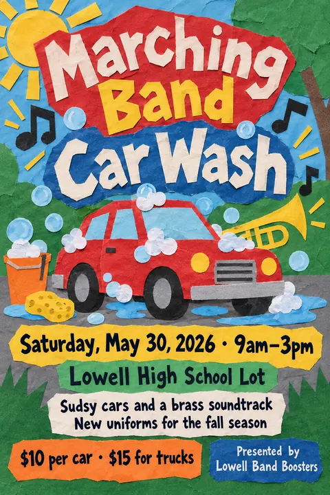 School Cutout Collage style event poster for a fictional fundraiser: Marching Band Car Wash