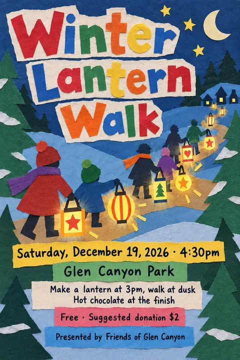 School Cutout Collage style poster for a fictional event called Winter Lantern Walk