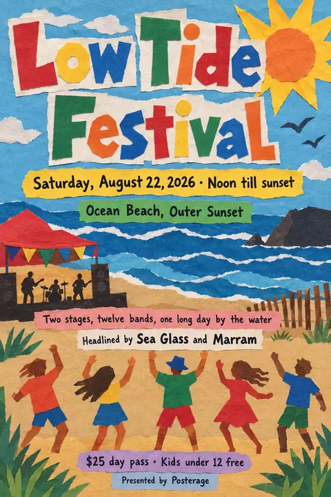 School Cutout Collage style poster for a fictional event called Low Tide Festival