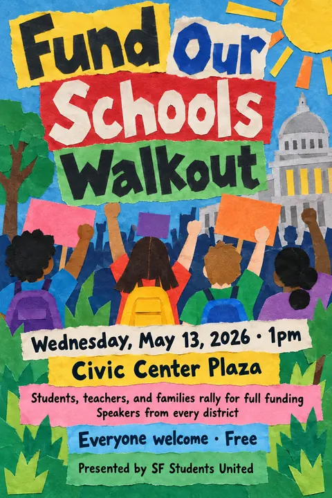 School Cutout Collage style event poster for a fictional protest: Fund Our Schools Walkout