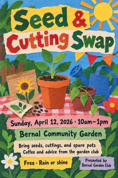 School Cutout Collage style poster for a fictional event called Seed & Cutting Swap