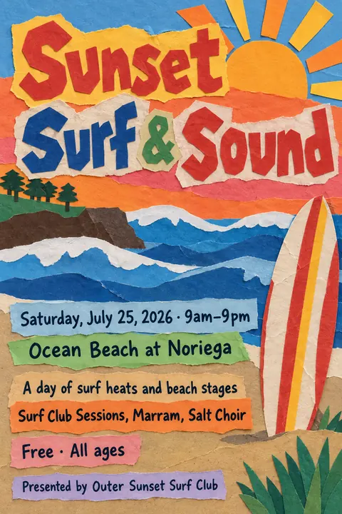 School Cutout Collage style event poster for a fictional festival: Sunset Surf & Sound