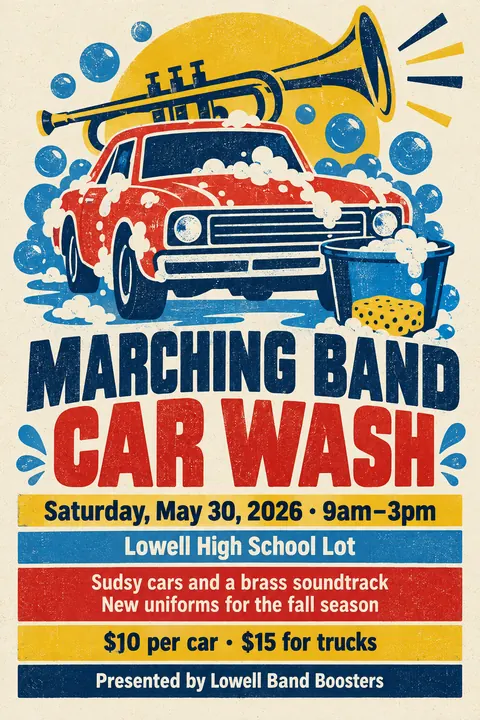 Screenprint Pop style event poster for a fictional fundraiser: Marching Band Car Wash