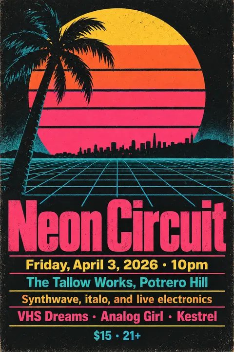 Screenprint Pop style poster for a fictional event called Neon Circuit
