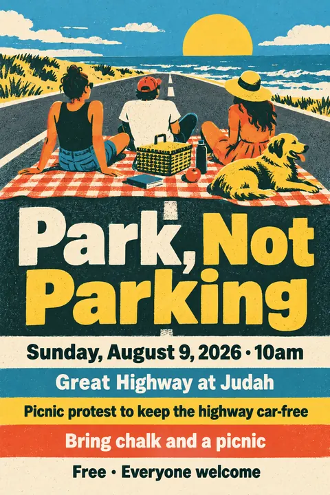 Screenprint Pop style event poster for a fictional protest: Park, Not Parking