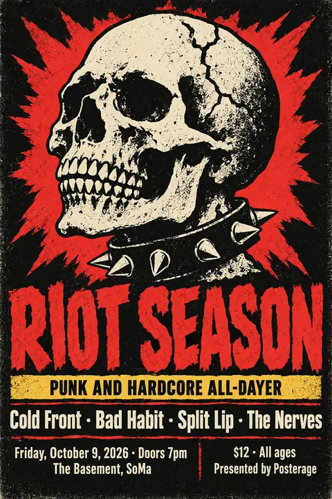 Screenprint Pop style poster for a fictional event called Riot Season