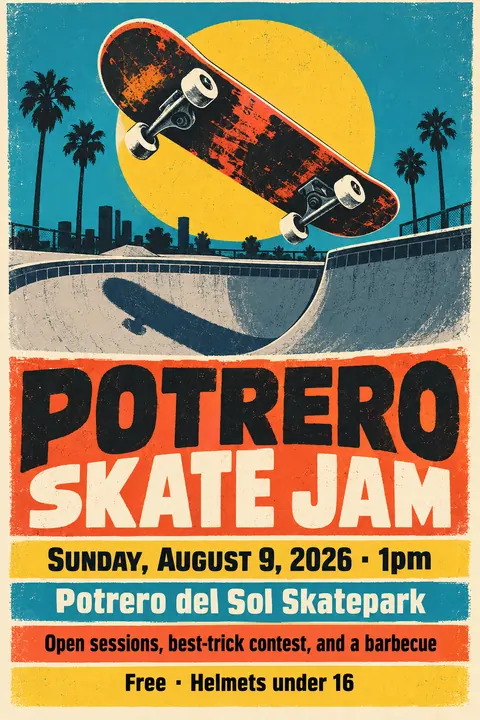 Screenprint Pop style poster for a fictional event called Potrero Skate Jam