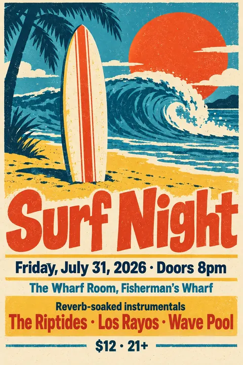 Screenprint Pop style poster for a fictional event called Surf Night