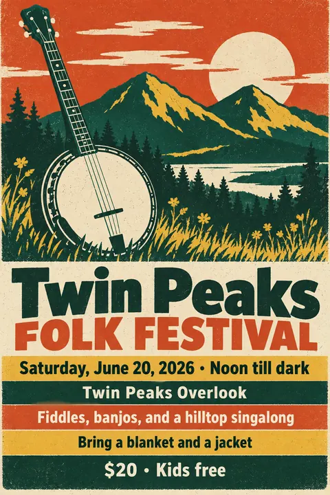 Screenprint Pop style event poster for a fictional festival: Twin Peaks Folk Festival