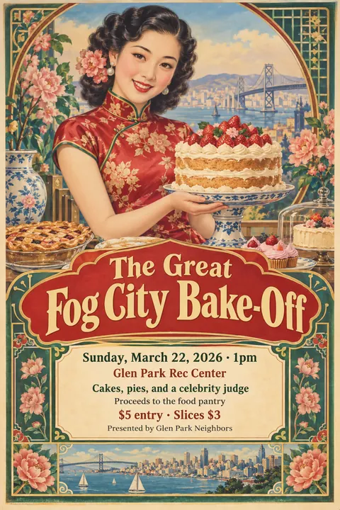 Shanghai Calendar Poster / Yuefenpai style event poster for a fictional fundraiser: The Great Fog City Bake-Off