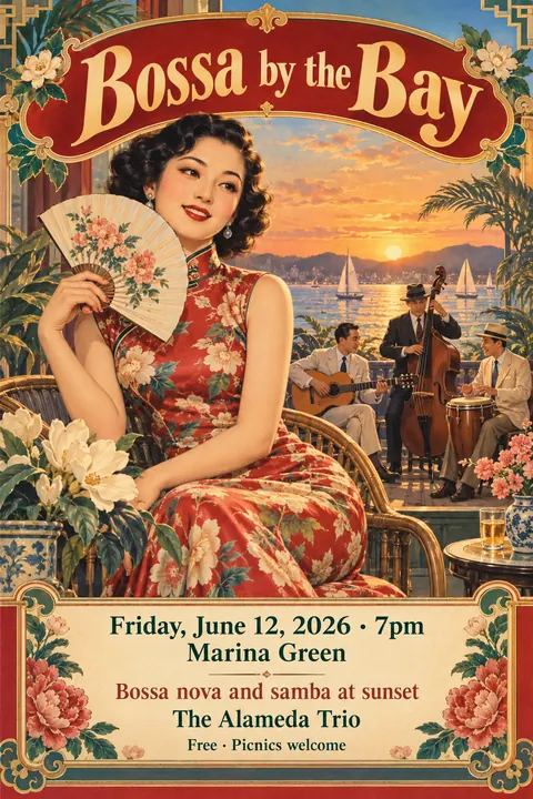 Shanghai Calendar Poster / Yuefenpai style poster for a fictional event called Bossa by the Bay
