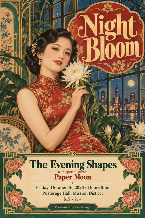 Shanghai Calendar Poster / Yuefenpai style poster for a fictional event called Night Bloom