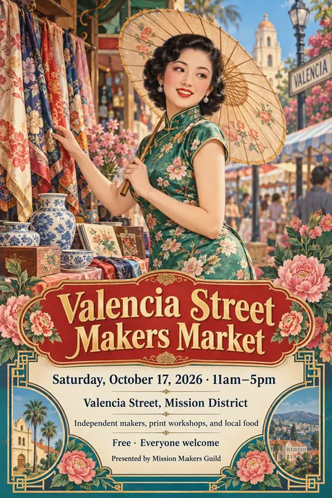 Shanghai Calendar Poster / Yuefenpai style poster for a fictional event called Valencia Street Makers Market