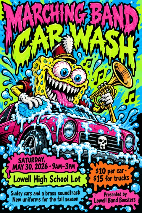 Skateboard / Street Graphics style event poster for a fictional fundraiser: Marching Band Car Wash