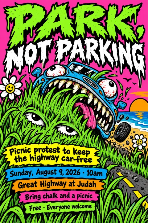 Skateboard / Street Graphics style event poster for a fictional protest: Park, Not Parking