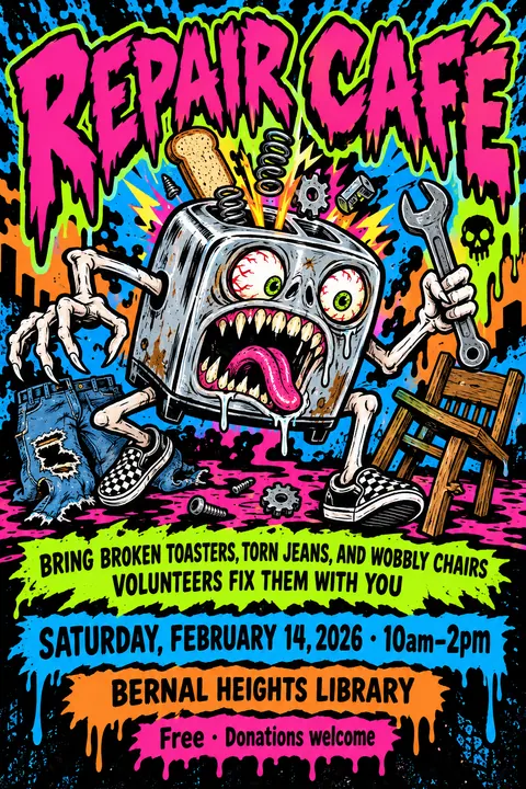 Skateboard / Street Graphics style poster for a fictional event called Repair Café