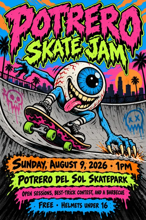 Skateboard / Street Graphics style poster for a fictional event called Potrero Skate Jam