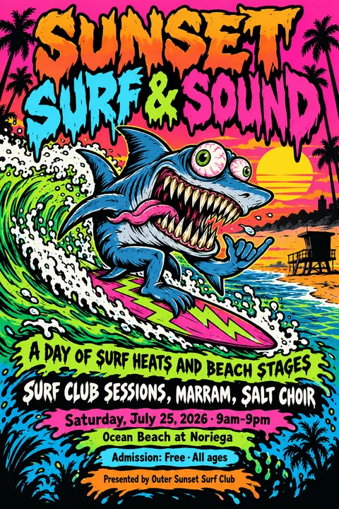 Skateboard / Street Graphics style event poster for a fictional festival: Sunset Surf & Sound