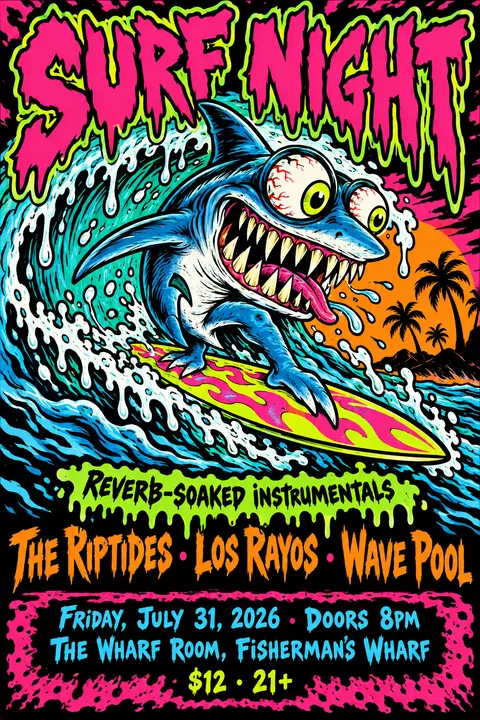 Skateboard / Street Graphics style poster for a fictional event called Surf Night