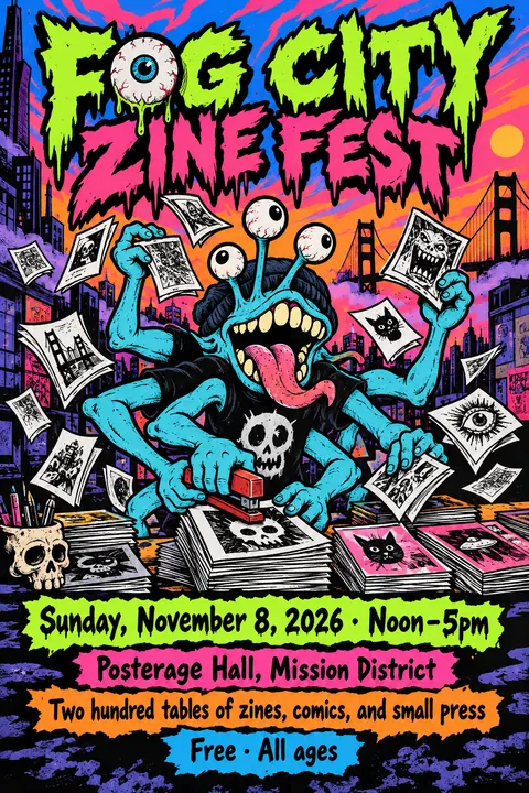 Skateboard / Street Graphics style poster for a fictional event called Fog City Zine Fest