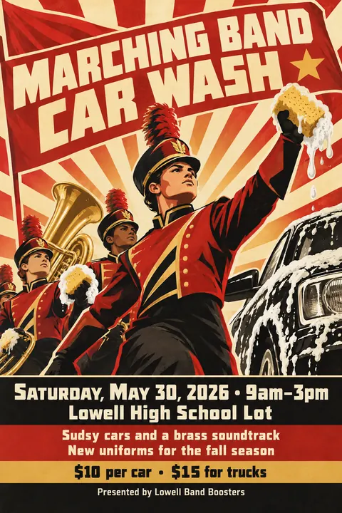 Soviet Propaganda style event poster for a fictional fundraiser: Marching Band Car Wash