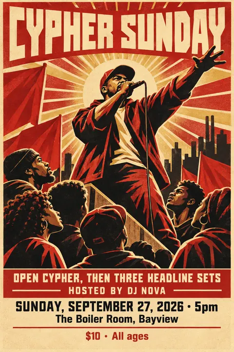 Soviet Propaganda style poster for a fictional event called Cypher Sunday