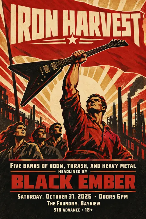 Soviet Propaganda style poster for a fictional event called Iron Harvest