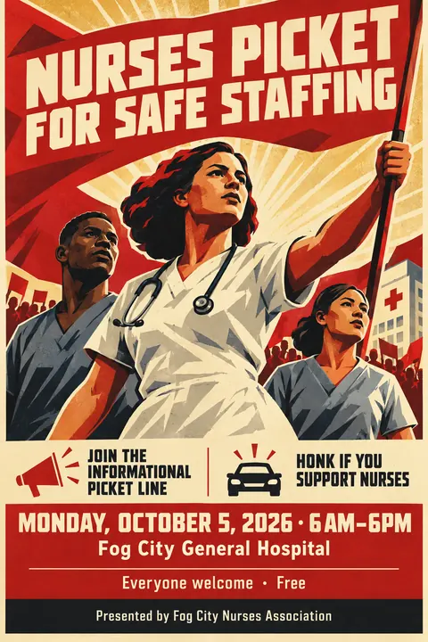 Soviet Propaganda style event poster for a fictional protest: Nurses Picket for Safe Staffing